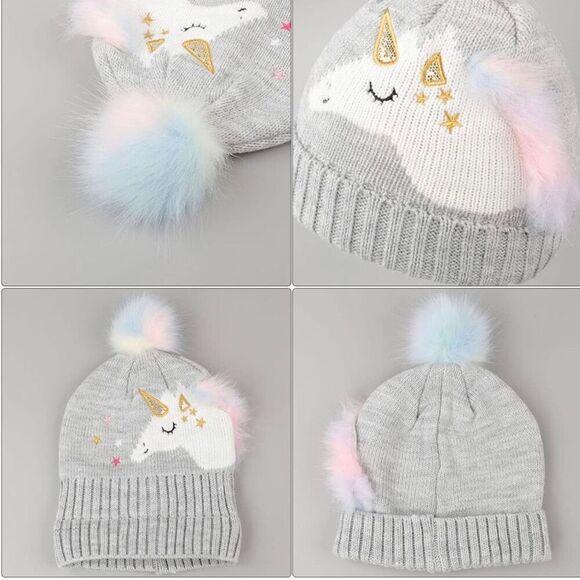 Toddler Kids Cute Winter Knit Unicorn Rainbow Pompom Beanie Hat - Picture 2 of 4
